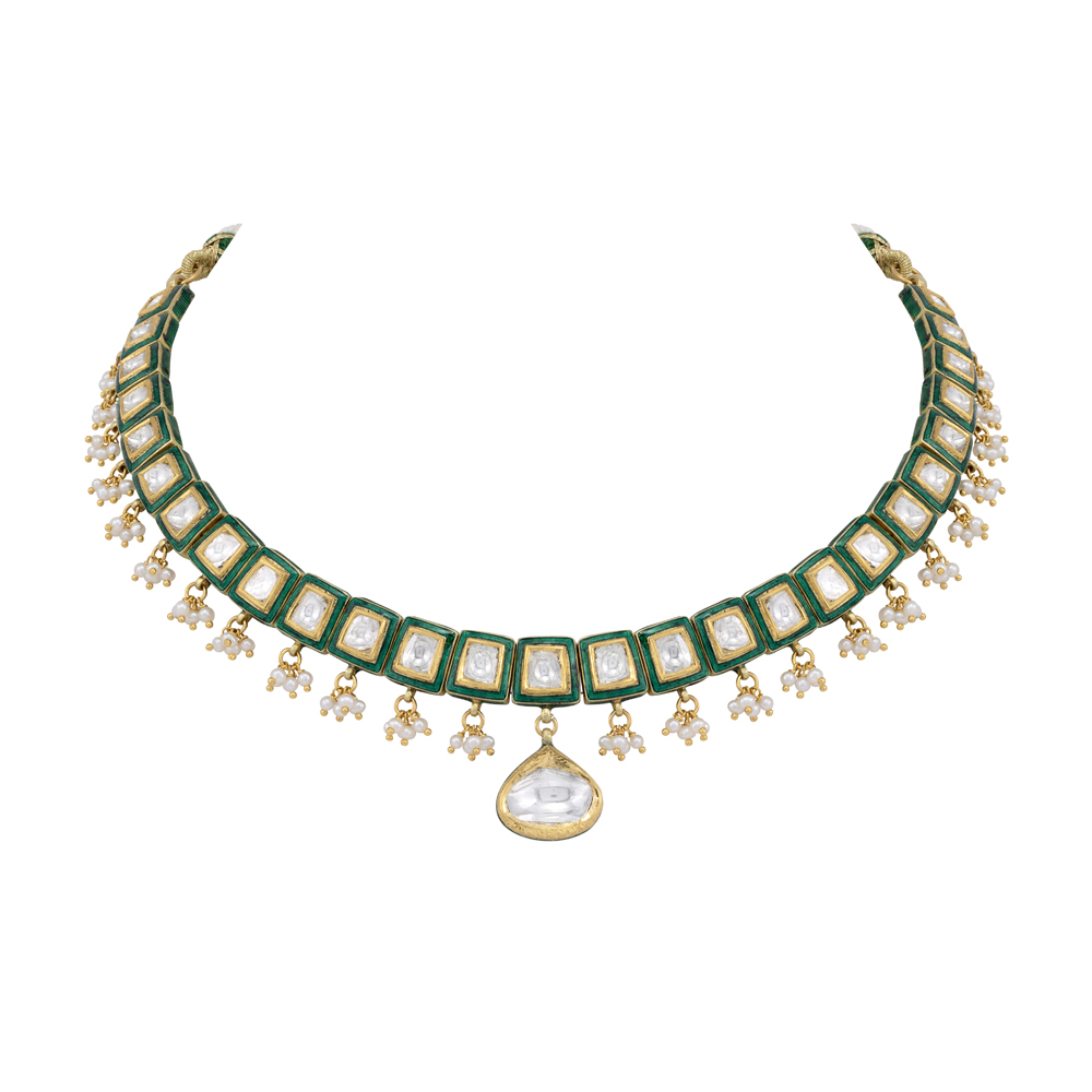 Green Meenakari Necklace with Polkis and Pearl Cheed Drops